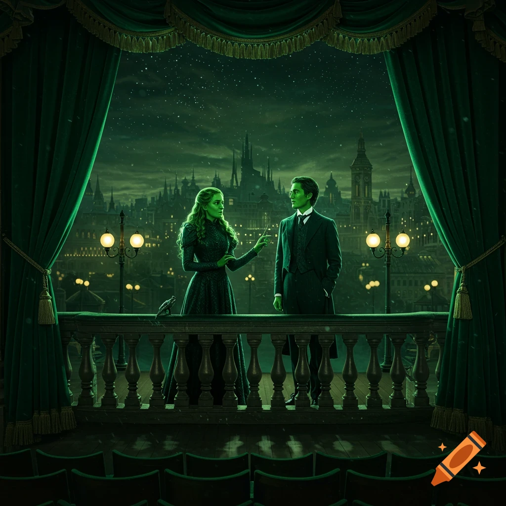 Two green-skinned characters on a balcony overlook a gothic city at night, framed by green stage curtains in a realistic style.