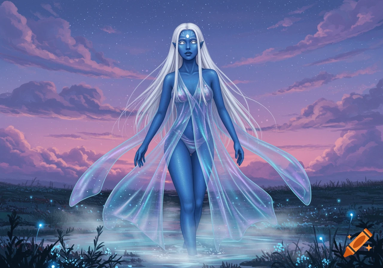 A blue-skinned woman with long white hair and a sheer flowing dress stands in shallow water at twilight.