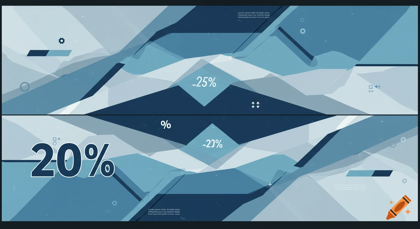An abstract banner design featuring various shades of blue and gray geometric shapes, with percentages like -25%, -20%, and 20% overlayed.