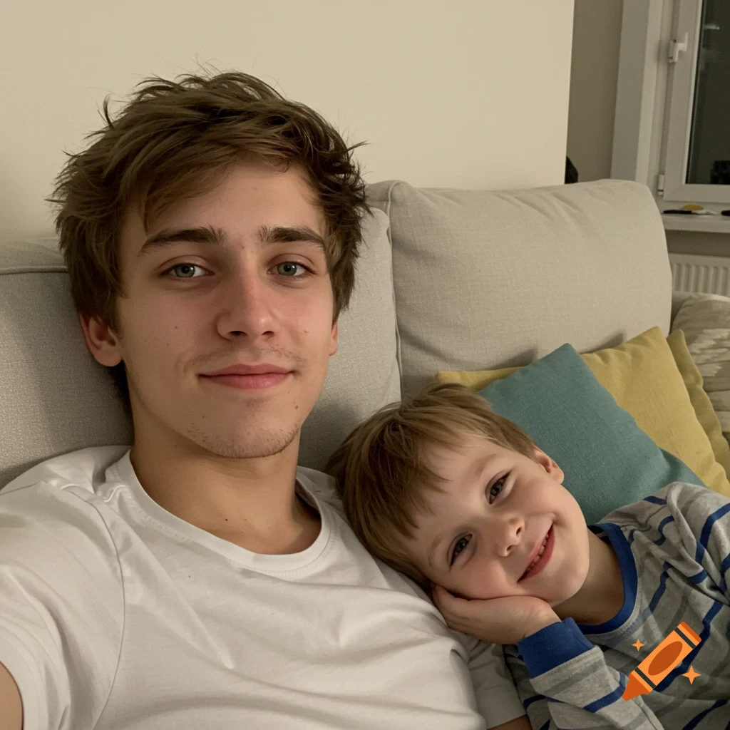 A young man and a child sitting on a couch, smiling at the camera. The child is leaning on the man's arm.