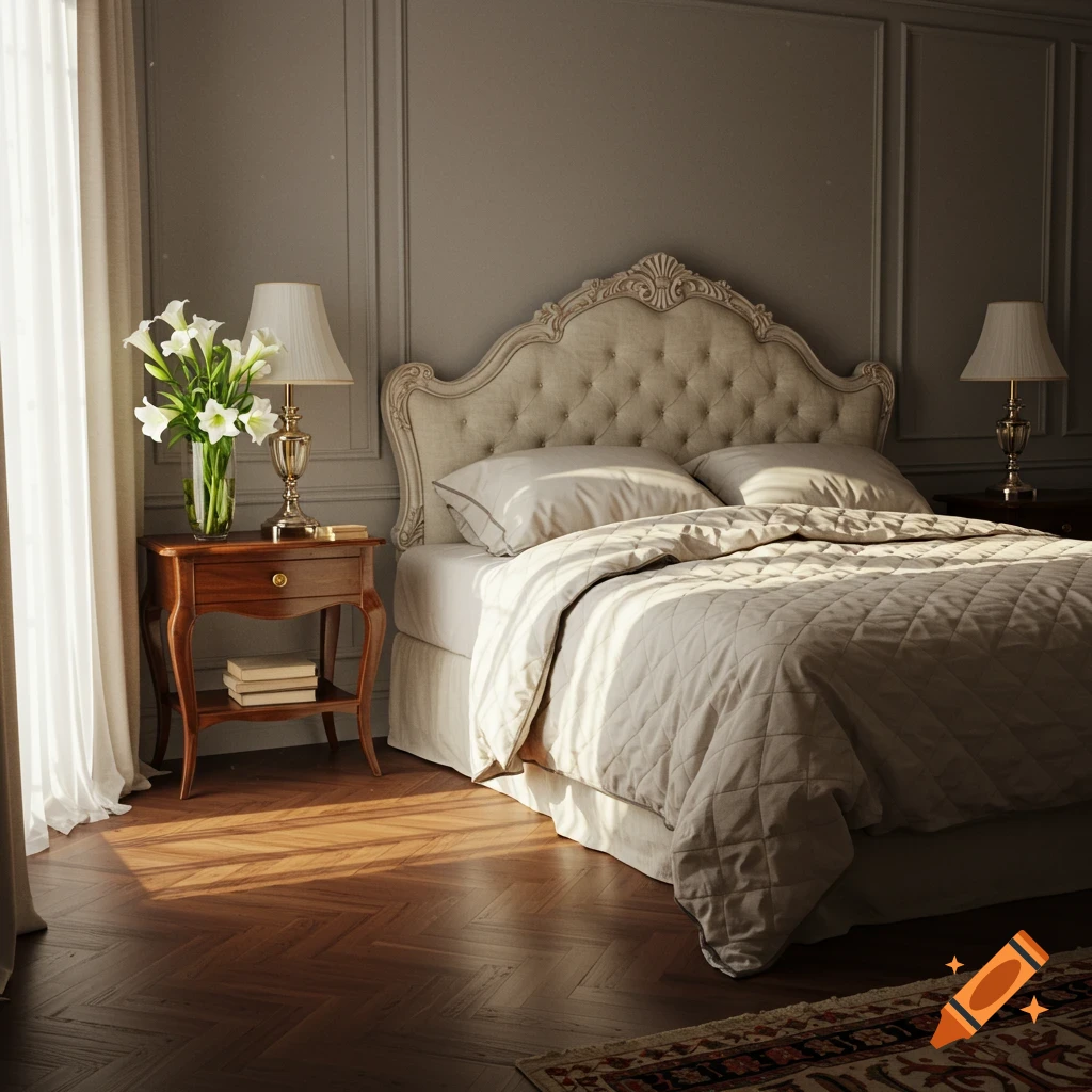 Photorealistic image of a sunlit bedroom with a large tufted bed, nightstand with white lilies, and wooden herringbone floor.
