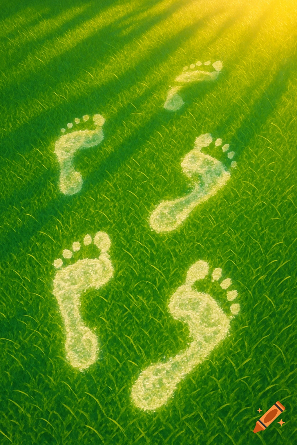 A vibrant green grassy field is illuminated by sunbeams, with light, white footprints trailing across it.