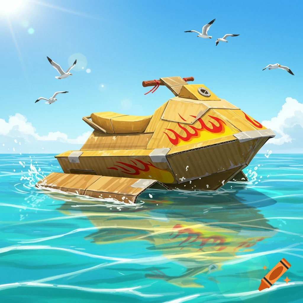 A stylized cardboard jetski with red flame decals floats on bright turquoise ocean water under a sunny blue sky with seagulls.
