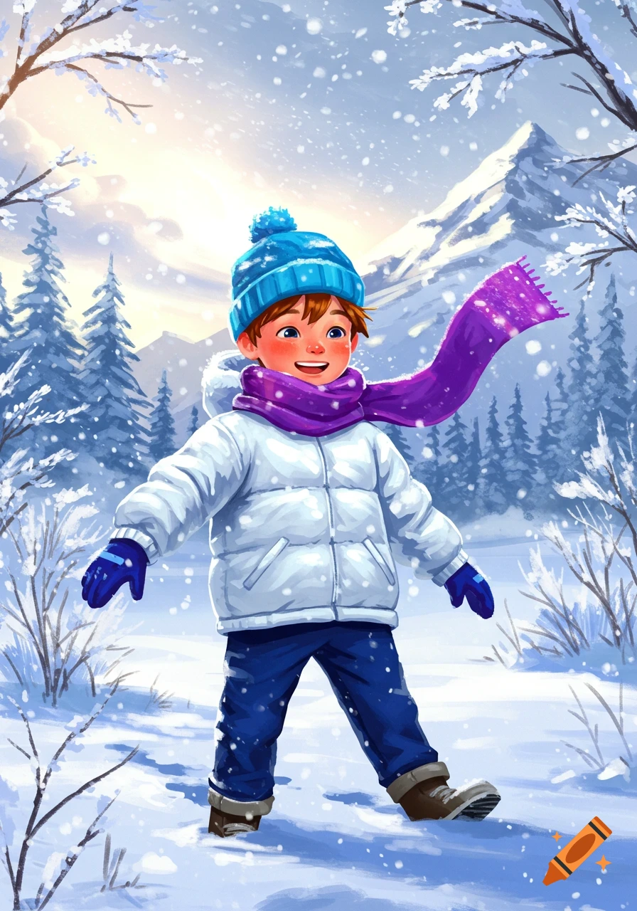 A happy boy in a white jacket, blue hat, and purple scarf stands in a snowy winter landscape. Illustrated.