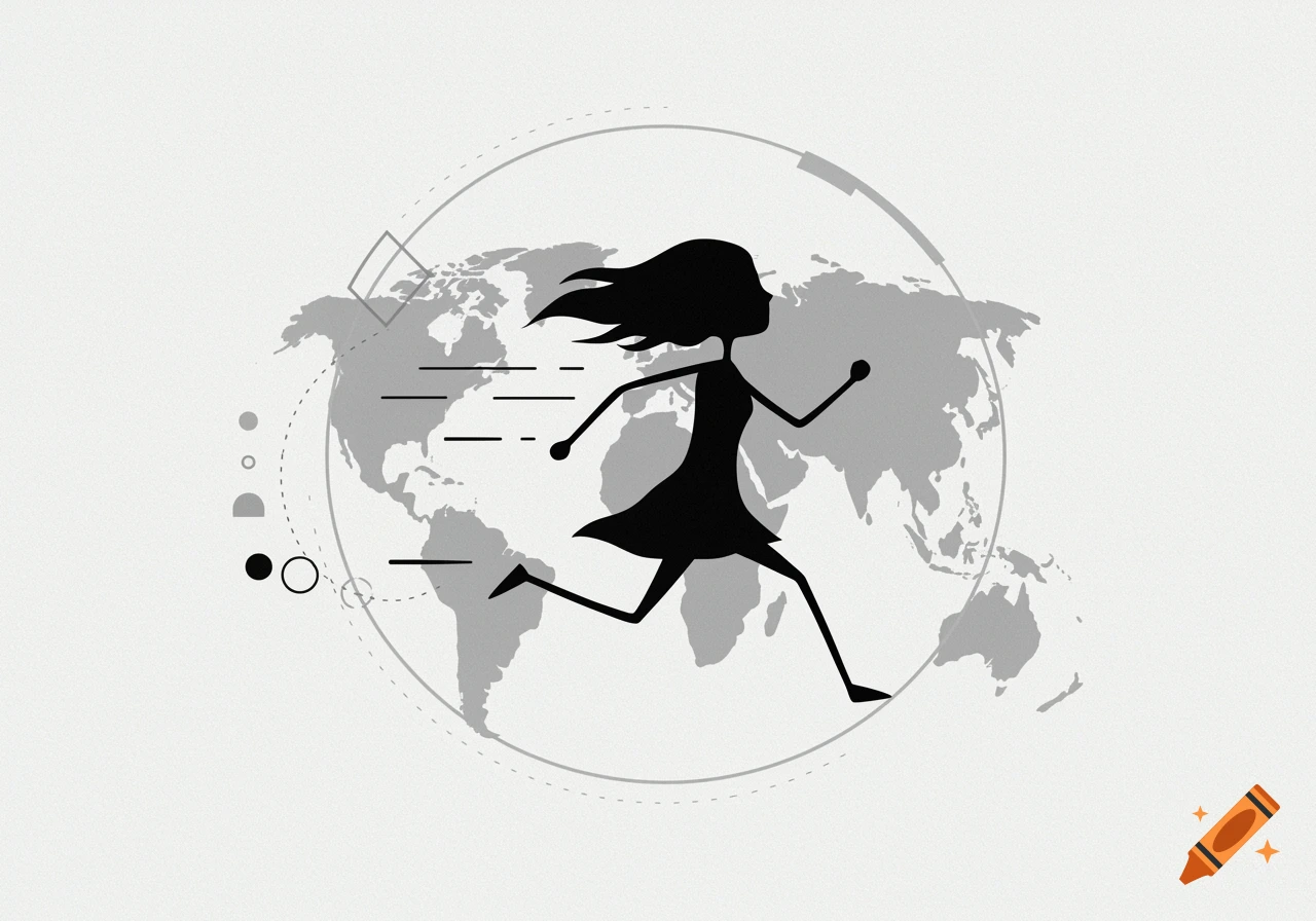 Black silhouette of a girl running over a grey world map with abstract elements in a minimalist style.