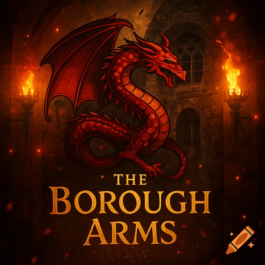 A red dragon with large wings coils above the words 'THE BOROUGH ARMS' against a dark stone building with torches and glowing embers.