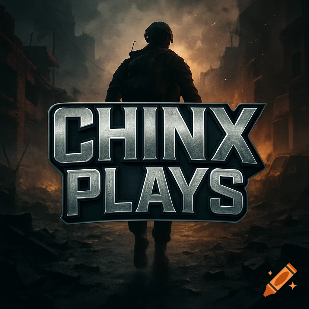 Metallic 'CHINX PLAYS' logo in front of a soldier walking through smoky, ruined city streets at dusk.