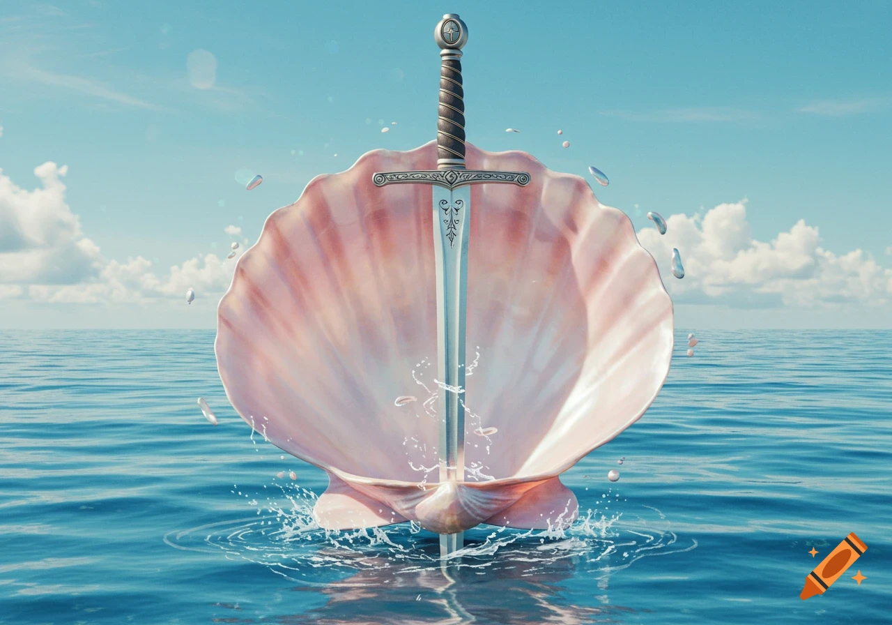 A sword with an ornate hilt stands upright in the ocean, emerging from a large, open pink seashell with water splashing around it.