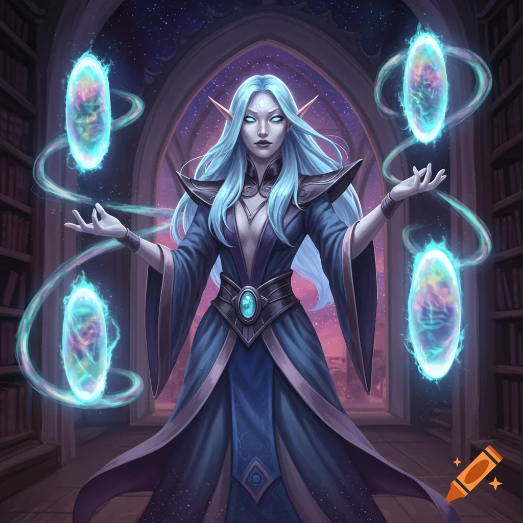 A female astral elf professor with light blue hair and glowing blue eyes crafts glowing blue portals in a magical library.