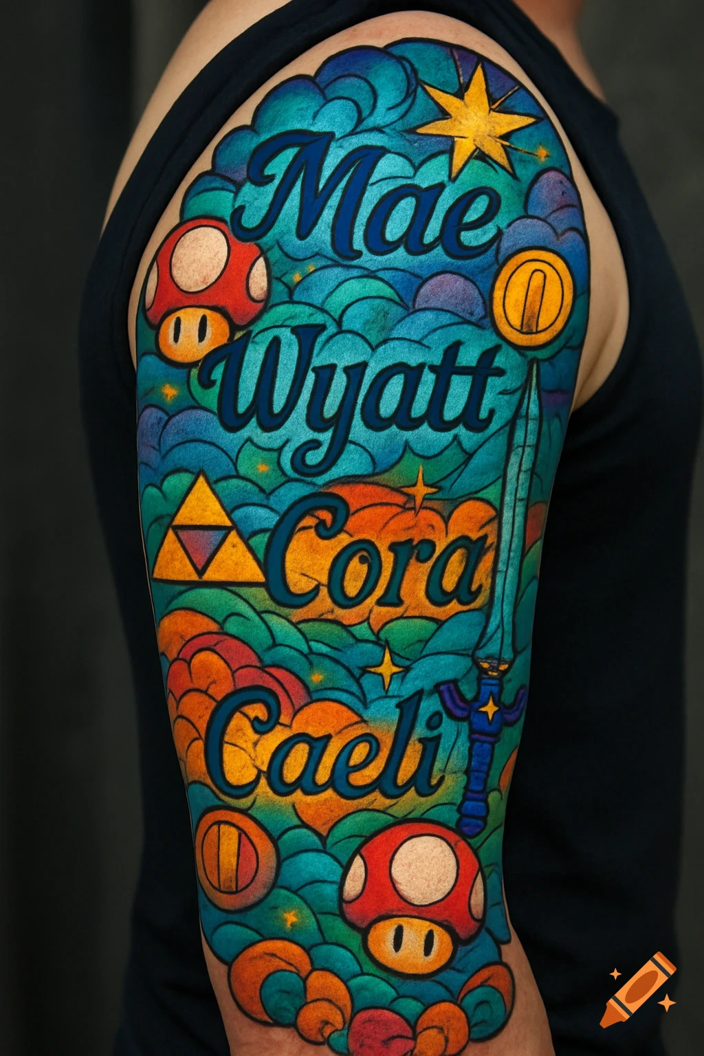 A colorful tattoo on an arm featuring the names Mae, Wyatt, Cora, Caeli, with Mario and Zelda themed elements.