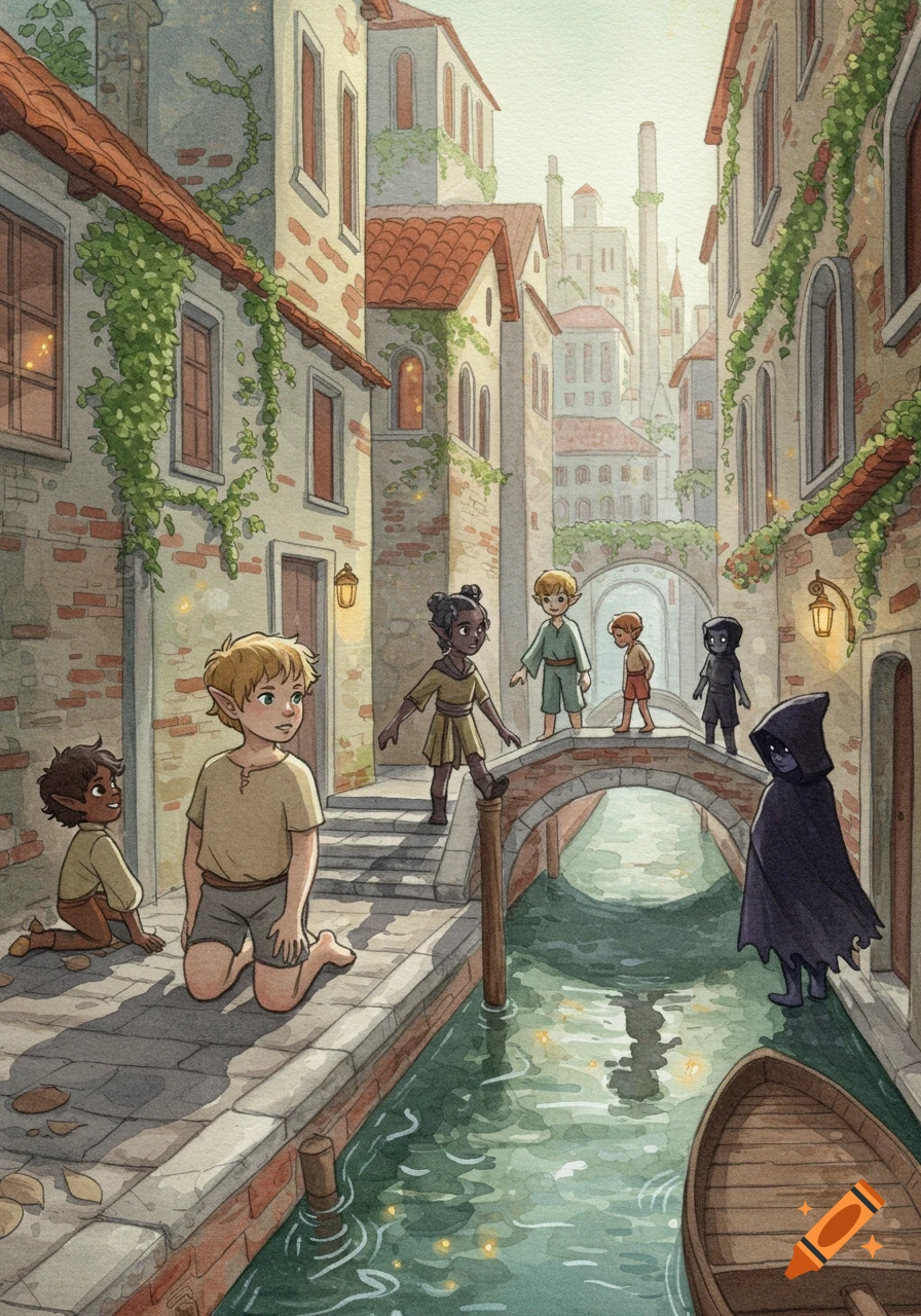 A watercolor drawing shows diverse fantasy children, including elves and a dark cloaked figure, playing on the streets and bridge of a canal city resembling old Venice.