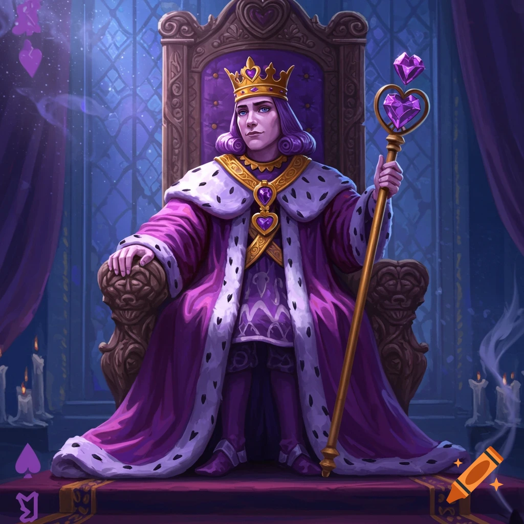A fantasy illustration of a king with purple hair and robes, wearing a golden crown, seated on an ornate throne, holding a scepter topped with a heart-shaped purple gem.
