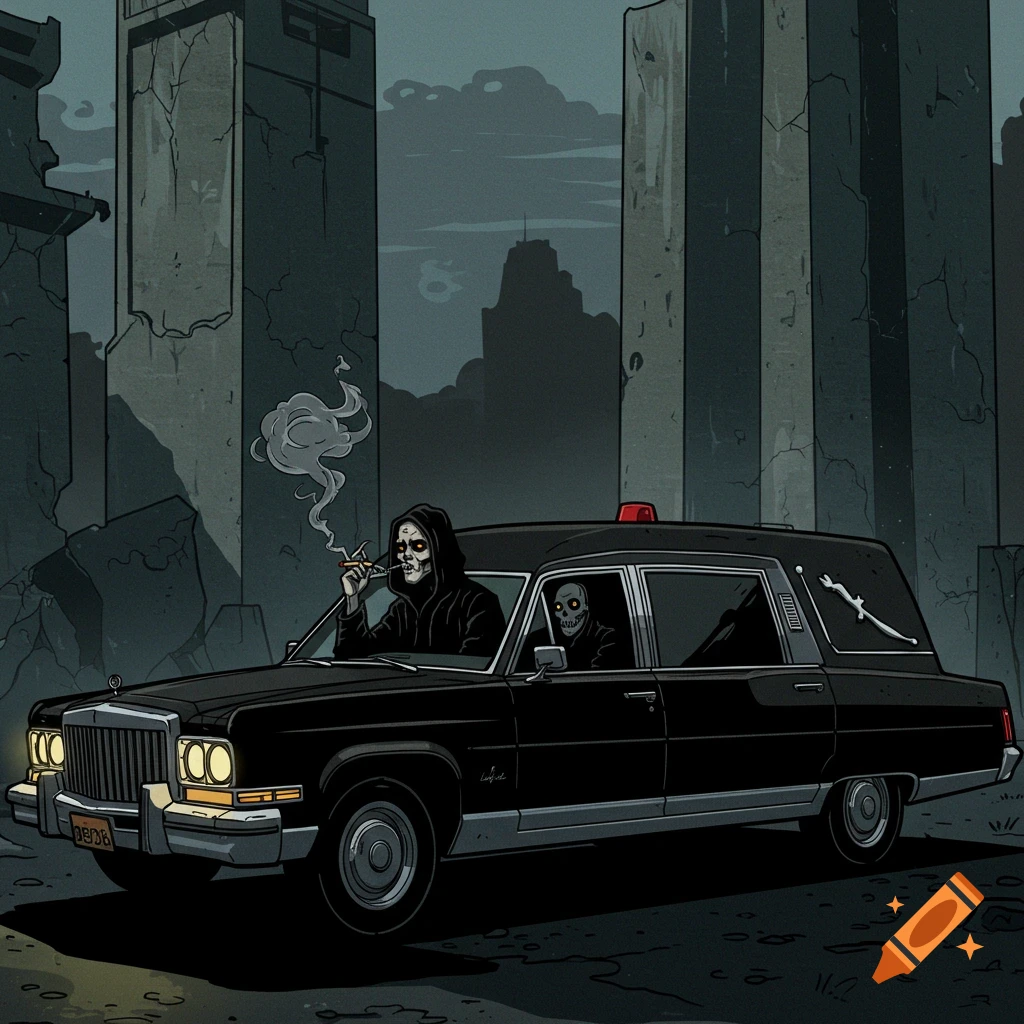 A grim reaper-like figure smokes a joint from a black hearse with another skeleton inside, against dark, ruined brutalist buildings in a graphic style.