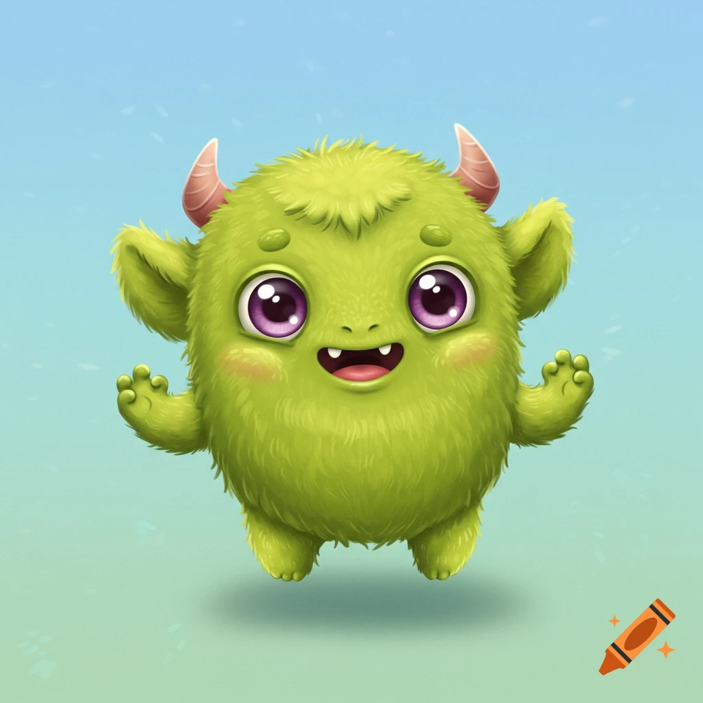 A cute, fluffy green monster with large purple eyes, small pink horns, and a wide smile.
