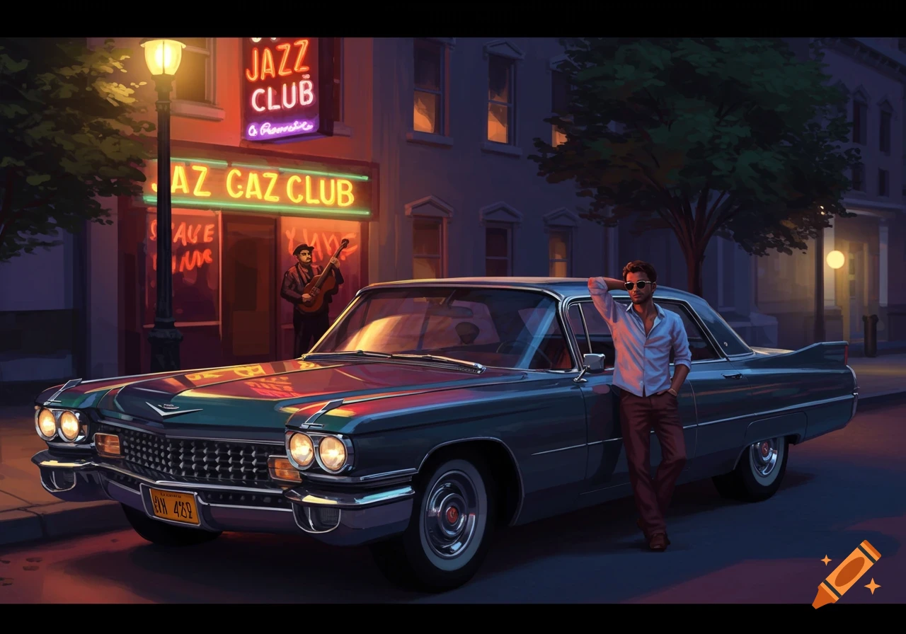 A cool man in sunglasses and an open shirt leans on a classic blue Cadillac at night in front of a jazz club, a musician plays in the background. Digital painting.