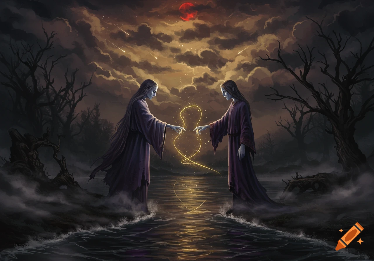 Two ethereal figures in dark robes reach across a misty river with a glowing golden thread, under a red moon and dark, cloudy sky.
