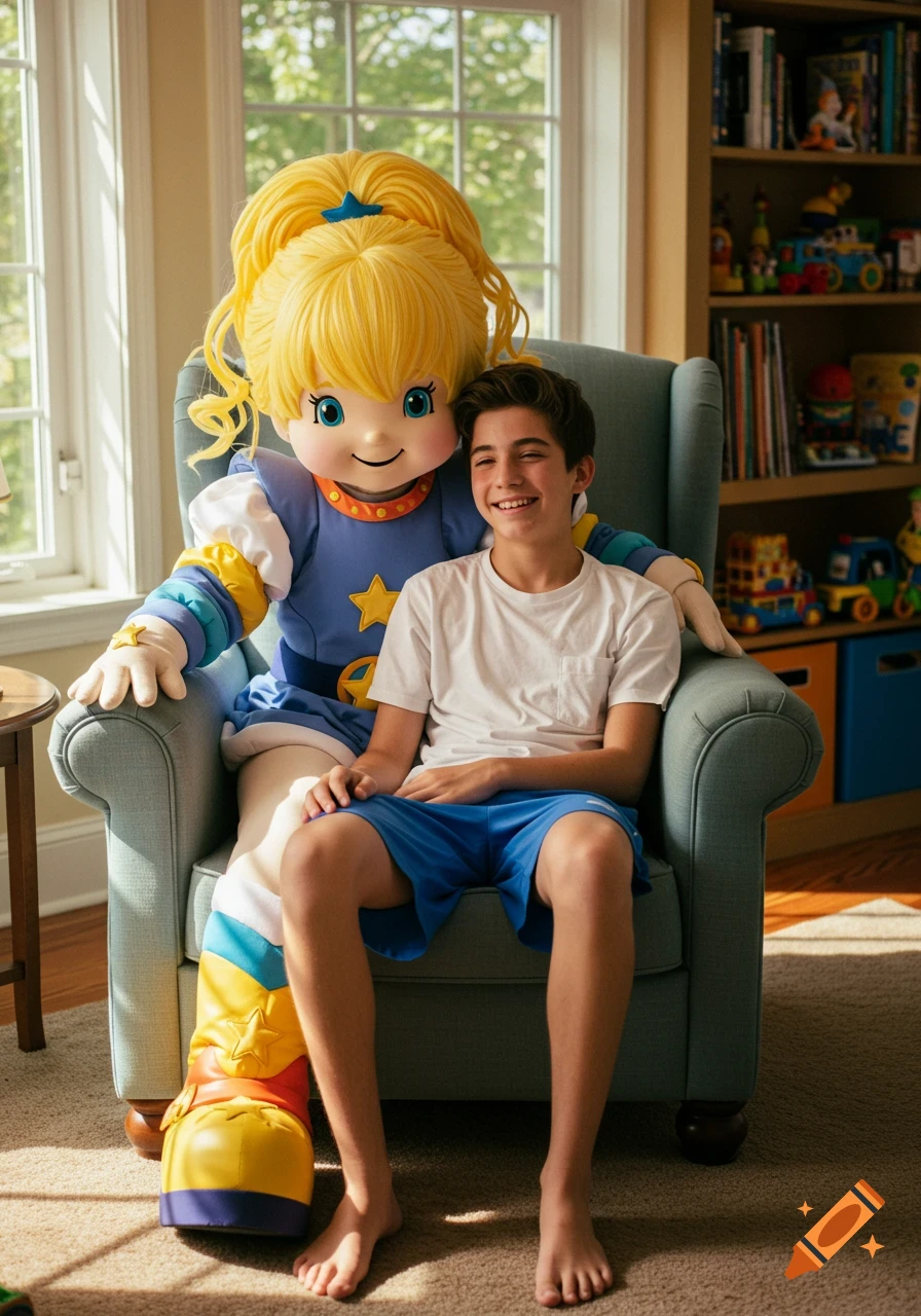 A smiling teenage boy sits on the lap of a Rainbow Brite mascot in a bright room with a window and bookshelf.