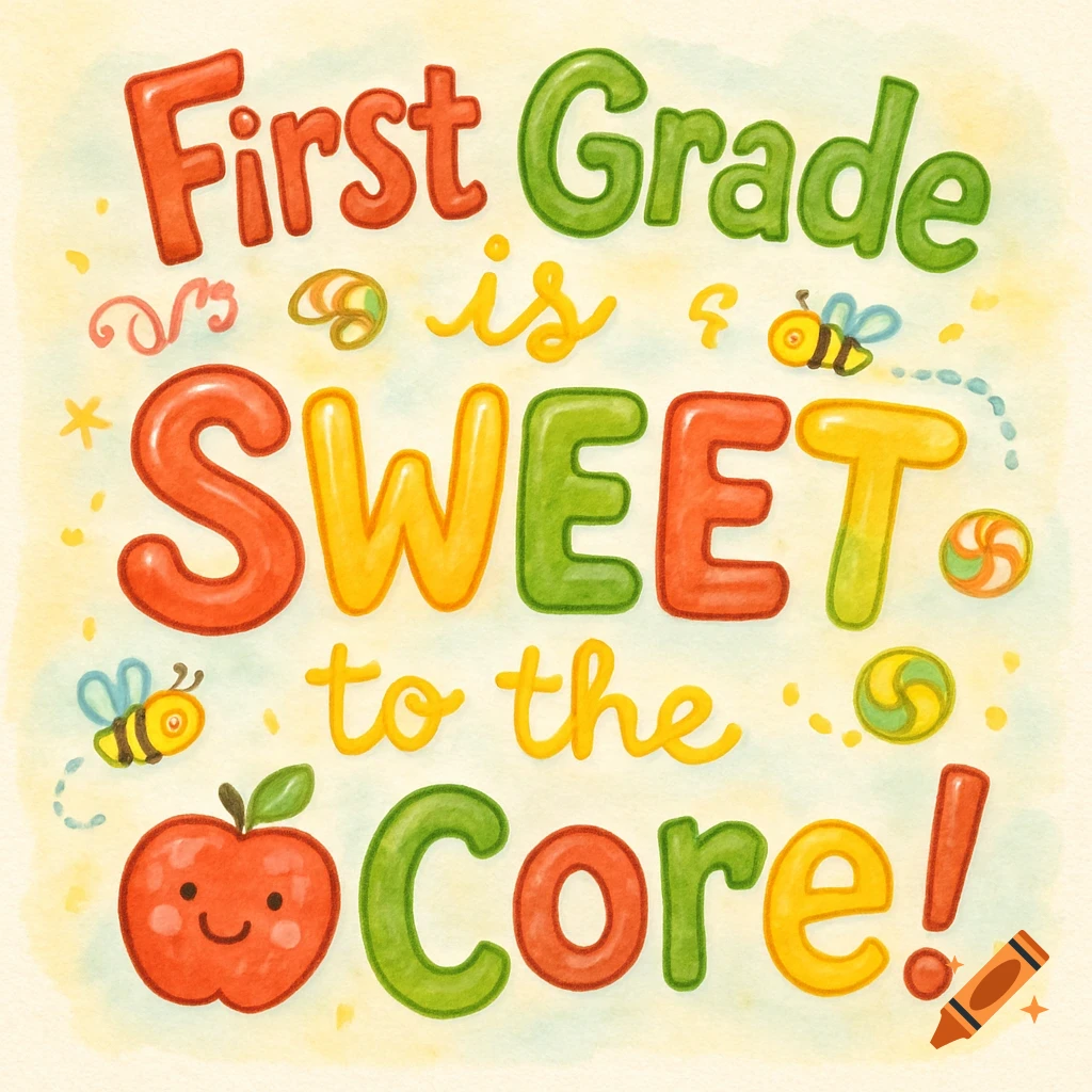 Colorful watercolor illustration reads 'First Grade is SWEET to the Core!' with a smiling apple, bees, and candies.