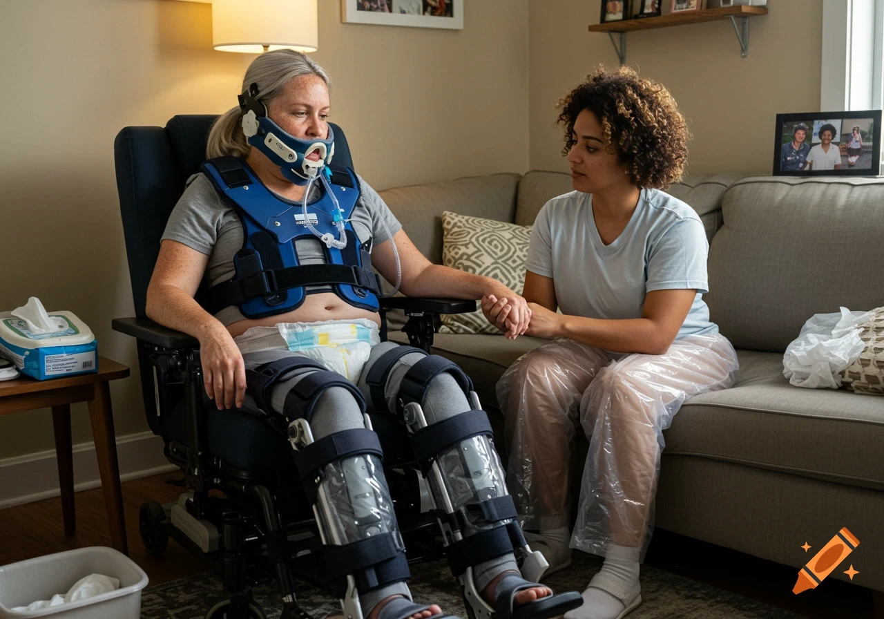 A woman in a medical brace and adaptive chair holds hands with another woman sitting on a couch, in a cozy living room.
