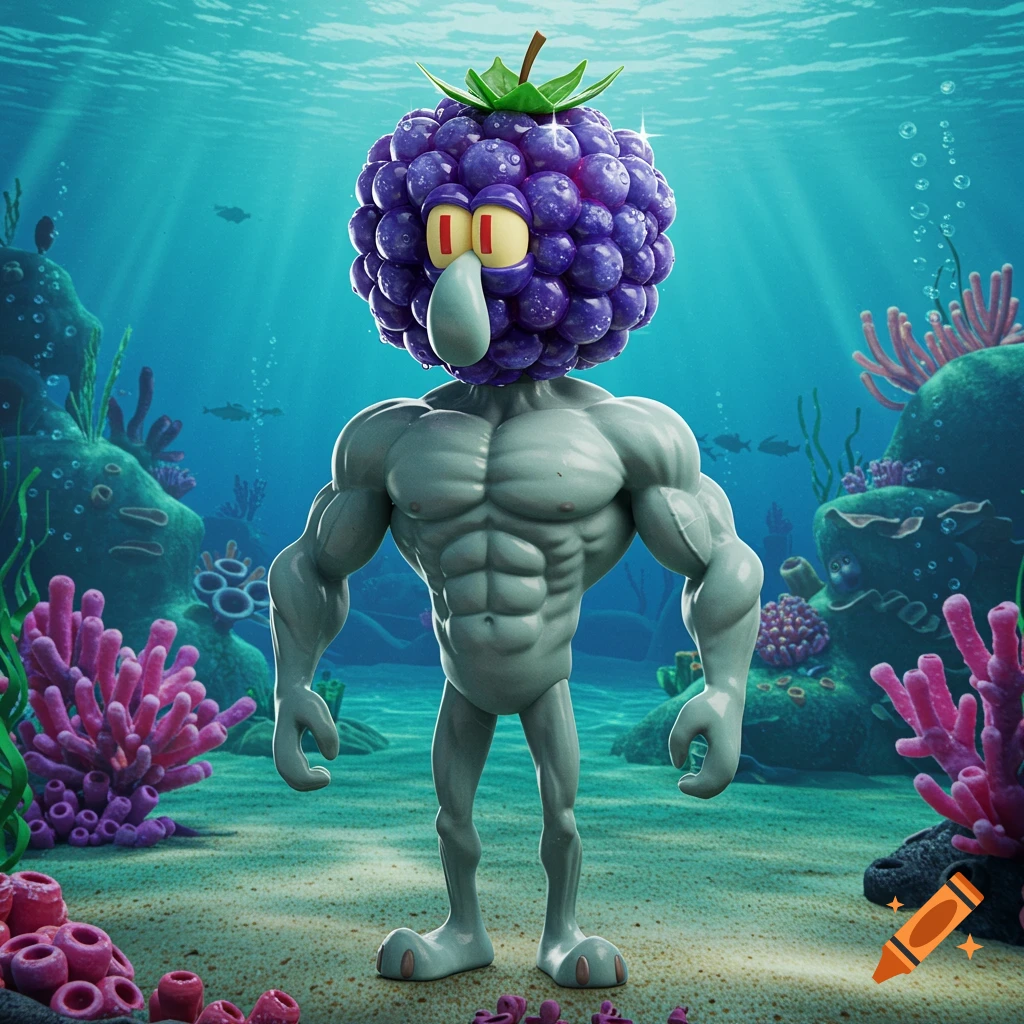 Buff Squidward-like character with a large purple blackberry for a head, standing on the ocean floor surrounded by coral.