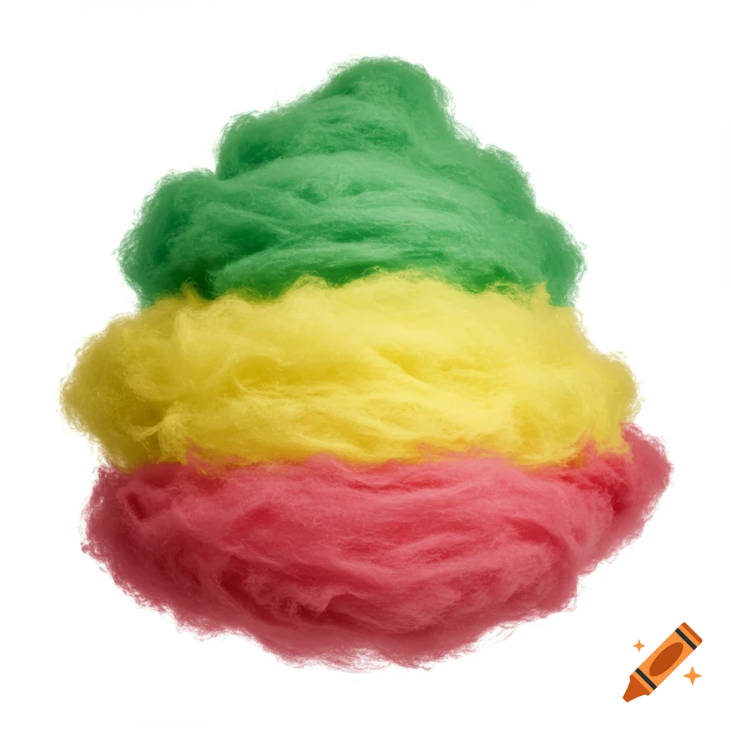 A layered mound of fluffy cotton candy with green, yellow, and red colors on a white background.