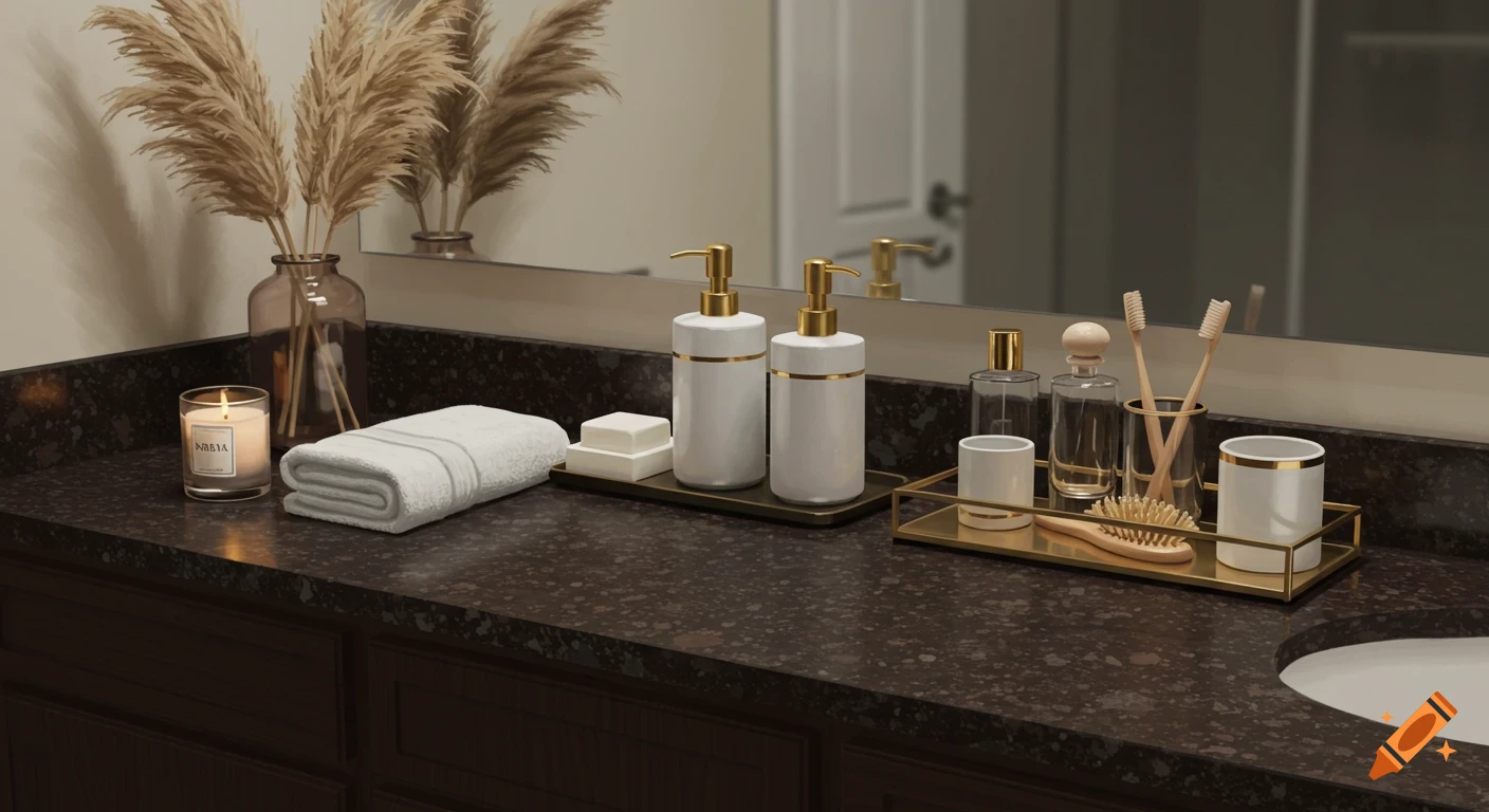 A modern bathroom vanity with a dark granite countertop, organized with a candle, pampas grass, white soap dispensers, and various toiletries.