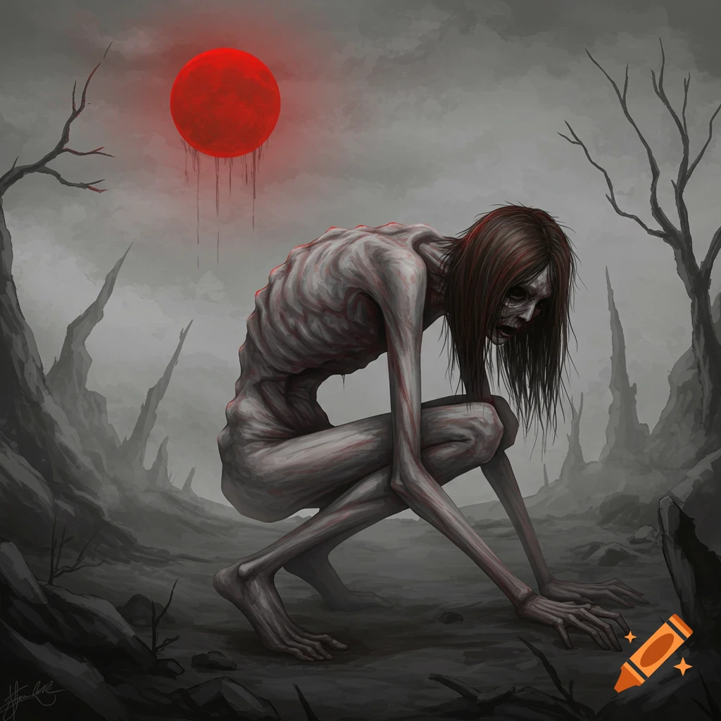 A gaunt, skeletal creature with long dark hair crouches on all fours in a desolate, foggy landscape under a bleeding red moon in a dark fantasy digital painting.