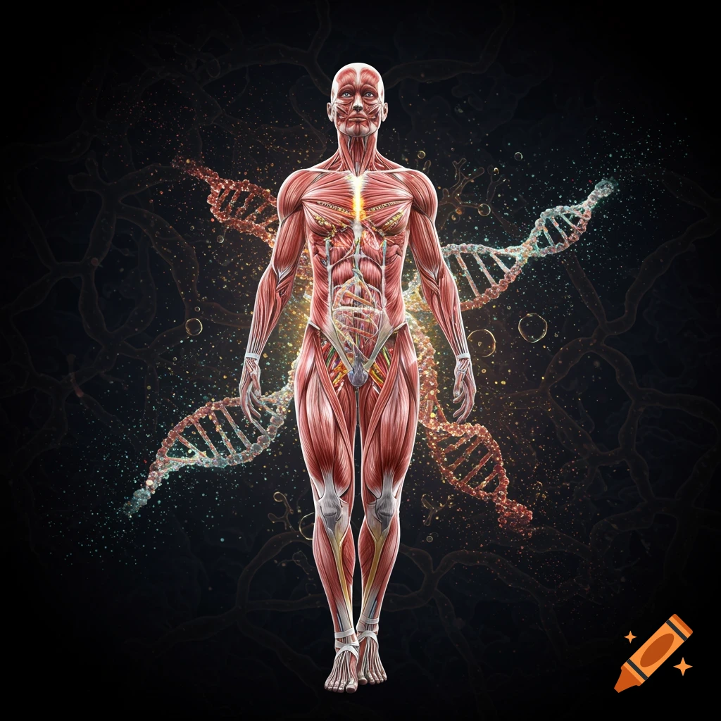 Detailed illustration of human muscular and organ systems with glowing DNA strands on a dark background.