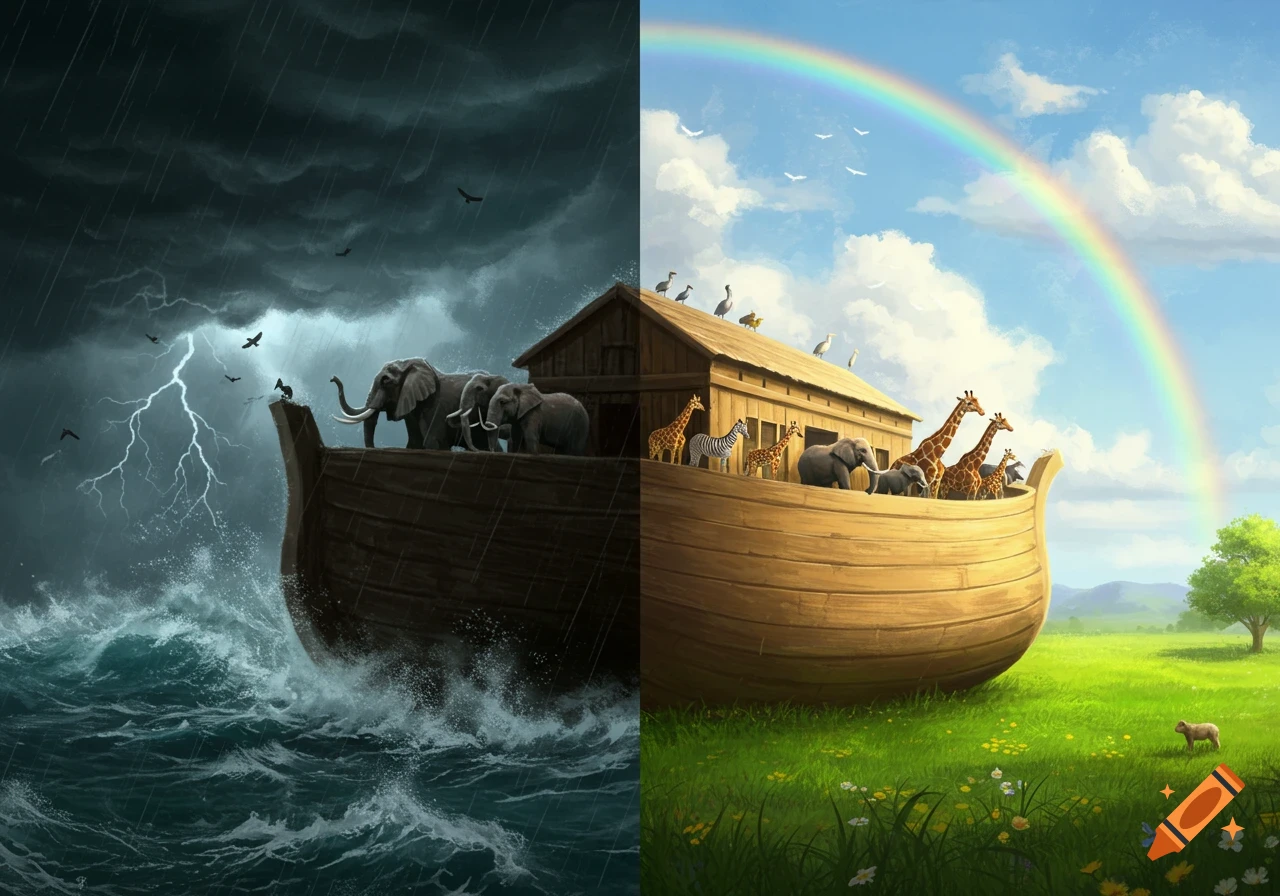 Noah's Ark on a split image: one side stormy sea with lightning, the other a calm, green meadow with a rainbow. Animals are on the ark.