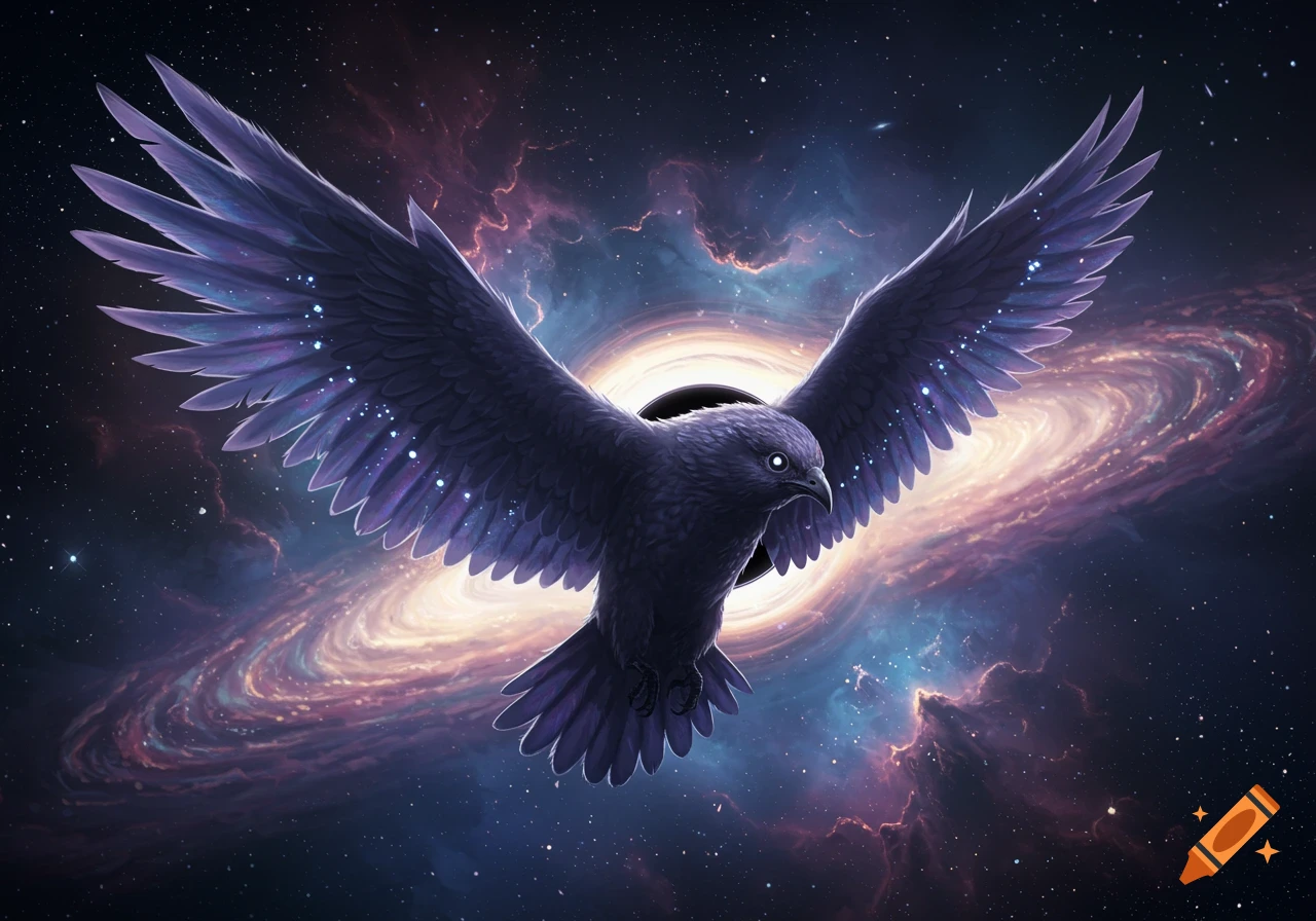A large dark bird with glowing eyes and sparkling wings flies in front of a colorful spiral galaxy and black hole.