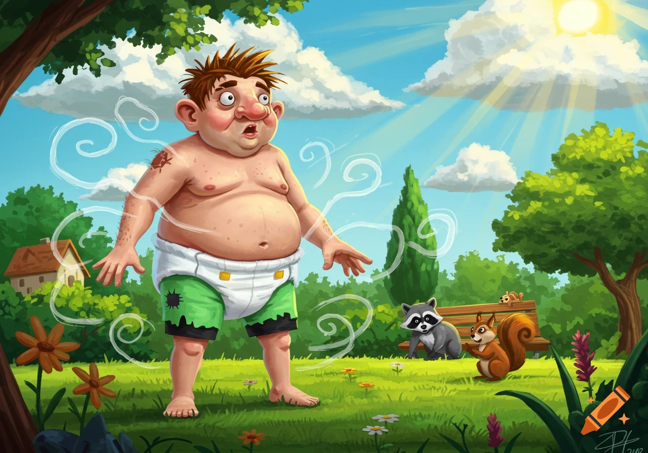 A cartoon man in a diaper and green shorts stands surprised in a sunny park, with a raccoon and squirrel nearby.
