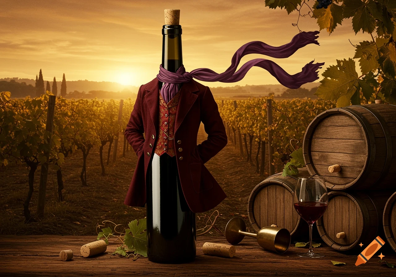 A wine bottle dressed in a suit with a flowing scarf, standing in a vineyard at sunset, with wine barrels and a glass of wine on a wooden table.