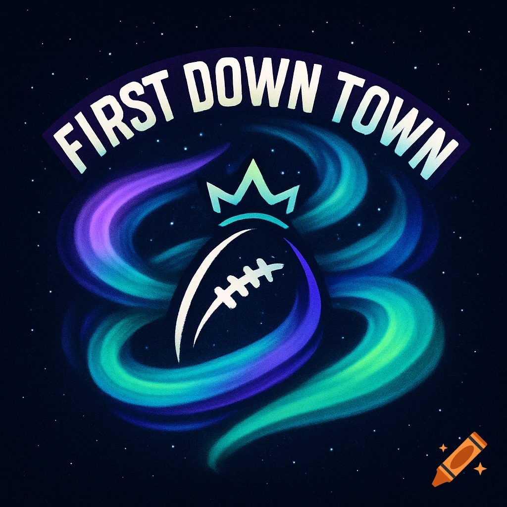 A vibrant logo featuring a football with a crown, surrounded by purple, blue, and green northern lights against a starry sky. Text reads 'FIRST DOWN TOWN'.