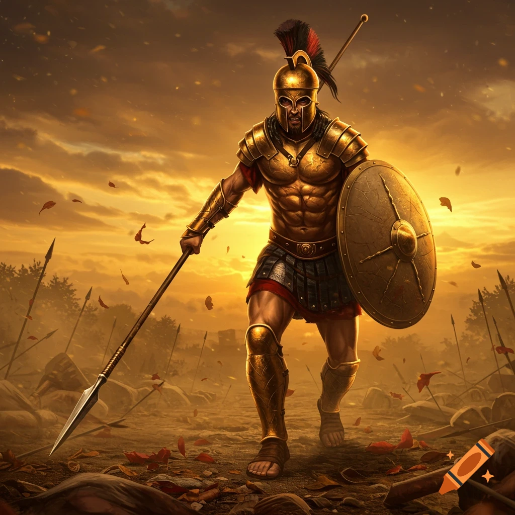 A warrior in golden armor with a spear and shield walks across a battlefield at sunset.