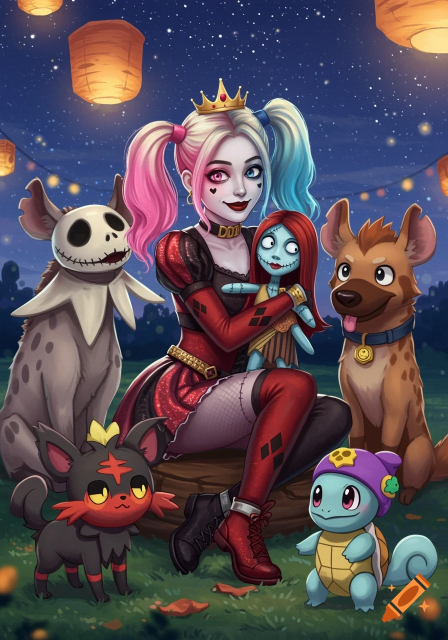 Harley Quinn in a regal outfit holds a Sally ragdoll, surrounded by a hyena resembling Zero, another like Dug, Litten, and Squirtle, all under paper lanterns at night.