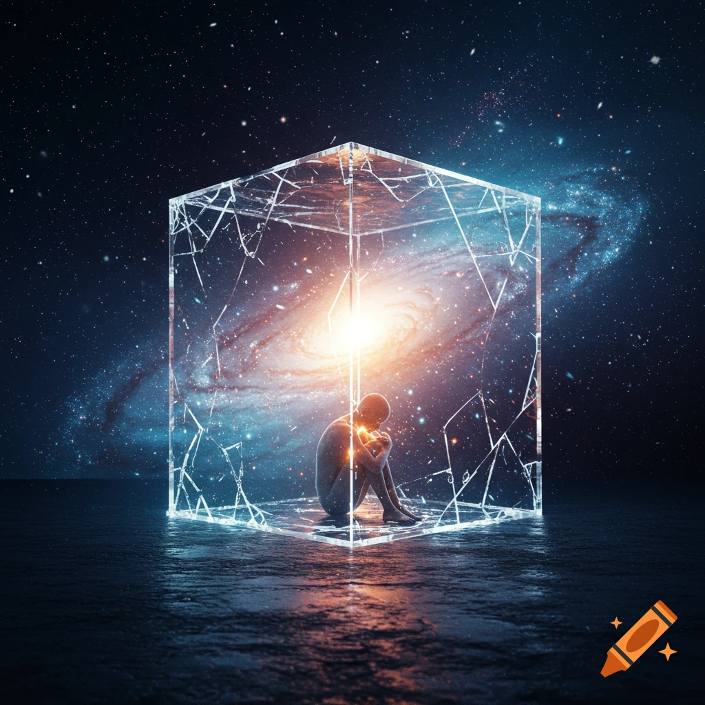 A human figure curled inside a cracked glass cube, with a glowing galaxy and stars in the background.
