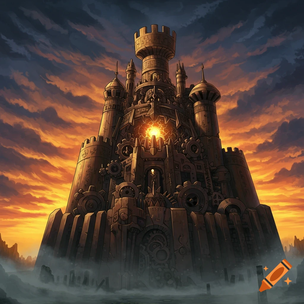 A massive, intricate, dark stone fortress adorned with gears and mechanical elements, under a dramatic orange and dark blue sunset sky.