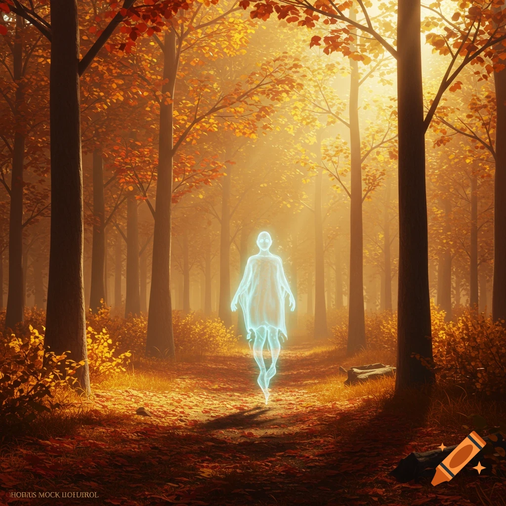 A glowing, translucent figure walks through a sunlit autumn forest path with orange leaves.