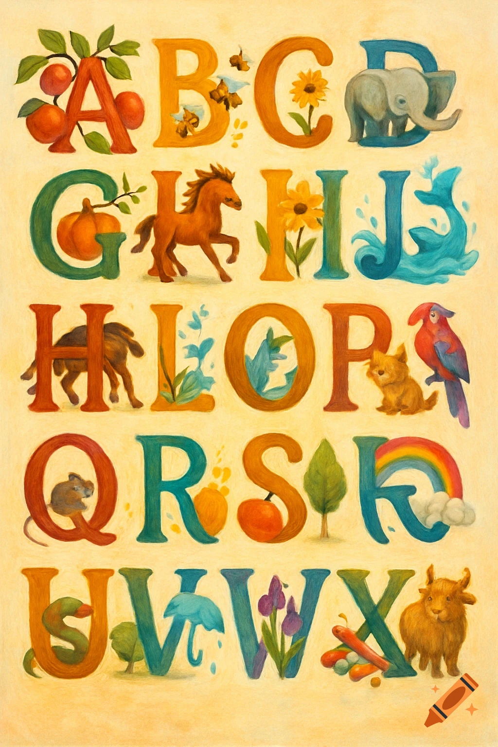 An illustrated alphabet poster with each letter decorated with an object or animal starting with that letter, on a cream background.