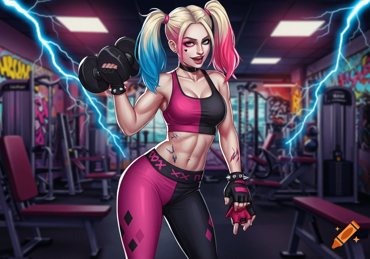 A stylized female character resembling Harley Quinn, in a pink and black sports bra and leggings, flexing her bicep with a dumbbell in a gym.