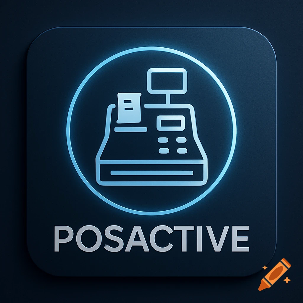 A glowing blue line art icon of a cash register inside a circle, with the word 'POSACTIVE' below it, on a dark rounded square background.