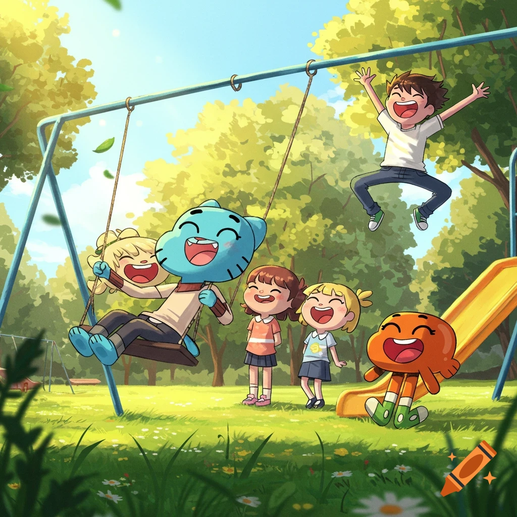 Cartoon characters, including Gumball and Darwin, playing happily on a swing set and slide in a sunny park.