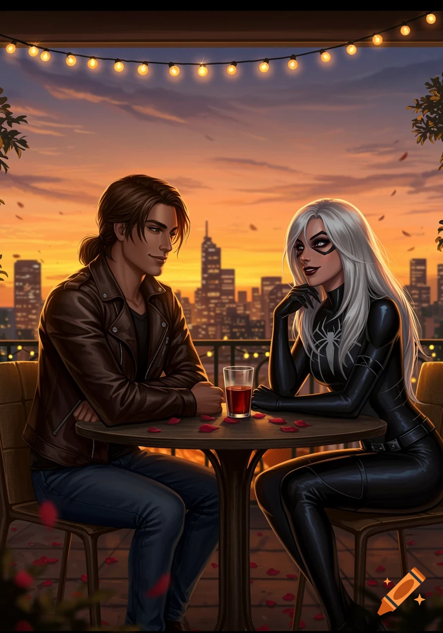 An illustrated scene of a man and Black Cat on a romantic rooftop date at sunset, with a city skyline in the background.