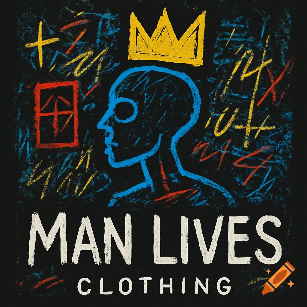 Basquiat-style logo with a blue silhouetted figure wearing a yellow crown, abstract art, and "MAN LIVES CLOTHING" text.