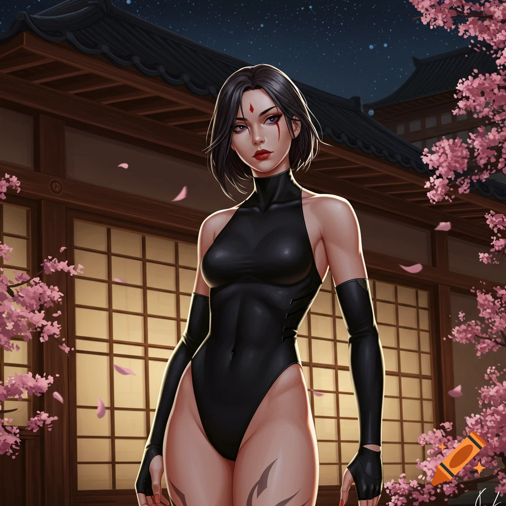 A striking kunoichi in a black bodysuit stands outside a traditional Japanese building at night, surrounded by cherry blossoms.