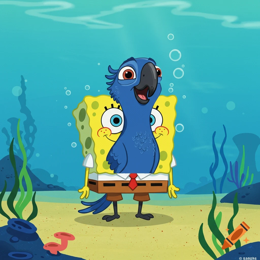 A blue macaw character with the body of Spongebob Squarepants stands underwater in a cartoon style.