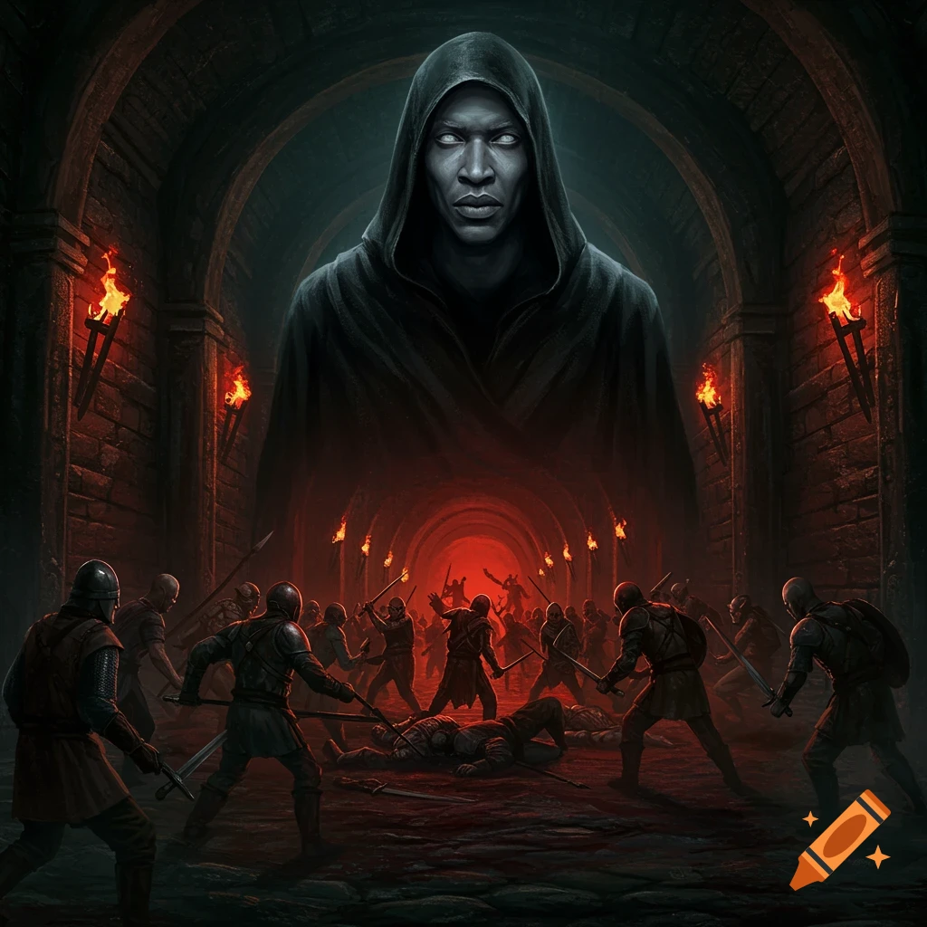 A dark fantasy illustration showing a large hooded figure with pale eyes overseeing a medieval battle in a torch-lit underground tunnel.