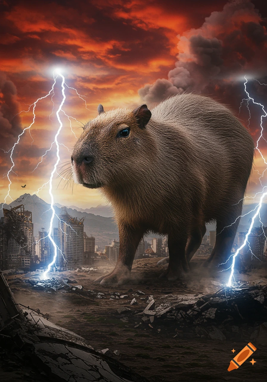 A giant photorealistic capybara stands in a destroyed city with lightning striking around it under a fiery red sky.