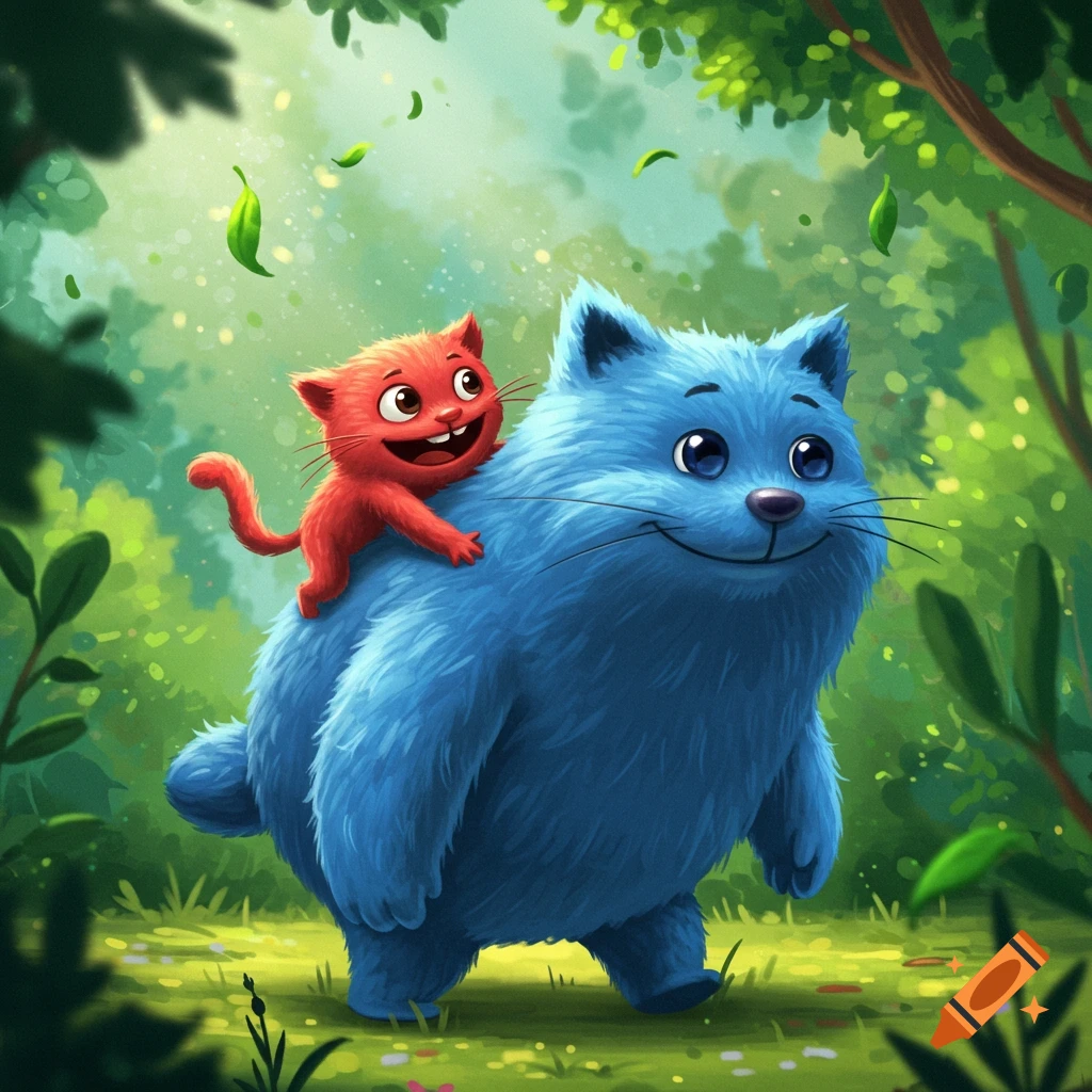 A small, smiling red furry monster rides on the back of a large, blue furry monster through a vibrant green forest.