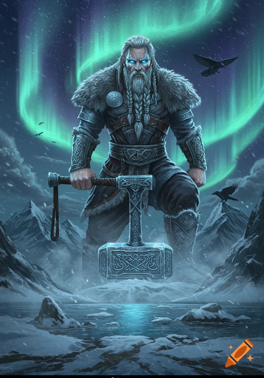 A powerful bearded Viking god with glowing blue eyes holds a large hammer in a snowy mountain landscape under an aurora borealis sky.